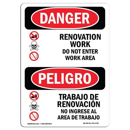 Signmission Safety Sign, OSHA, 24" Height, Aluminum, Renovation Work Do Not Enter Work Area, Spanish OS-DS-A-1824-VS-1752